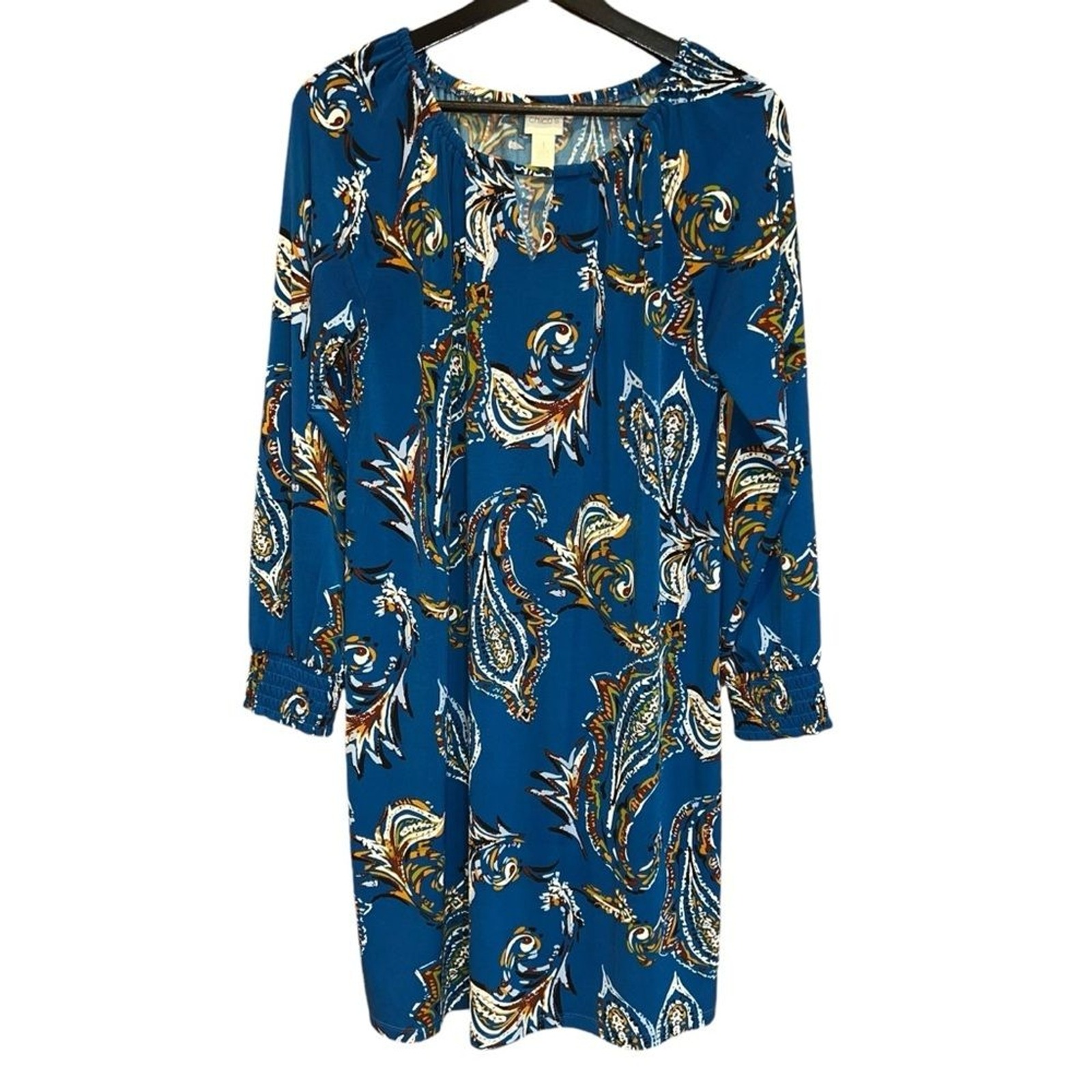 Chicos Floral Midi Dress Womens 1 (Us M/8) Blue Rust Shift Lightweight